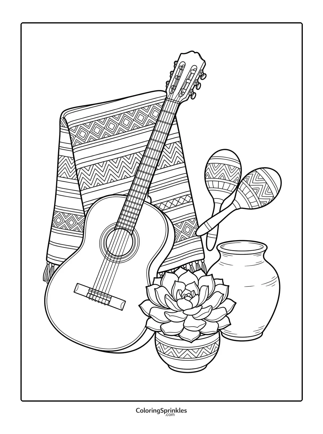 Coloring page of a guitar with maracas, a patterned blanket, succulent plant, and pottery