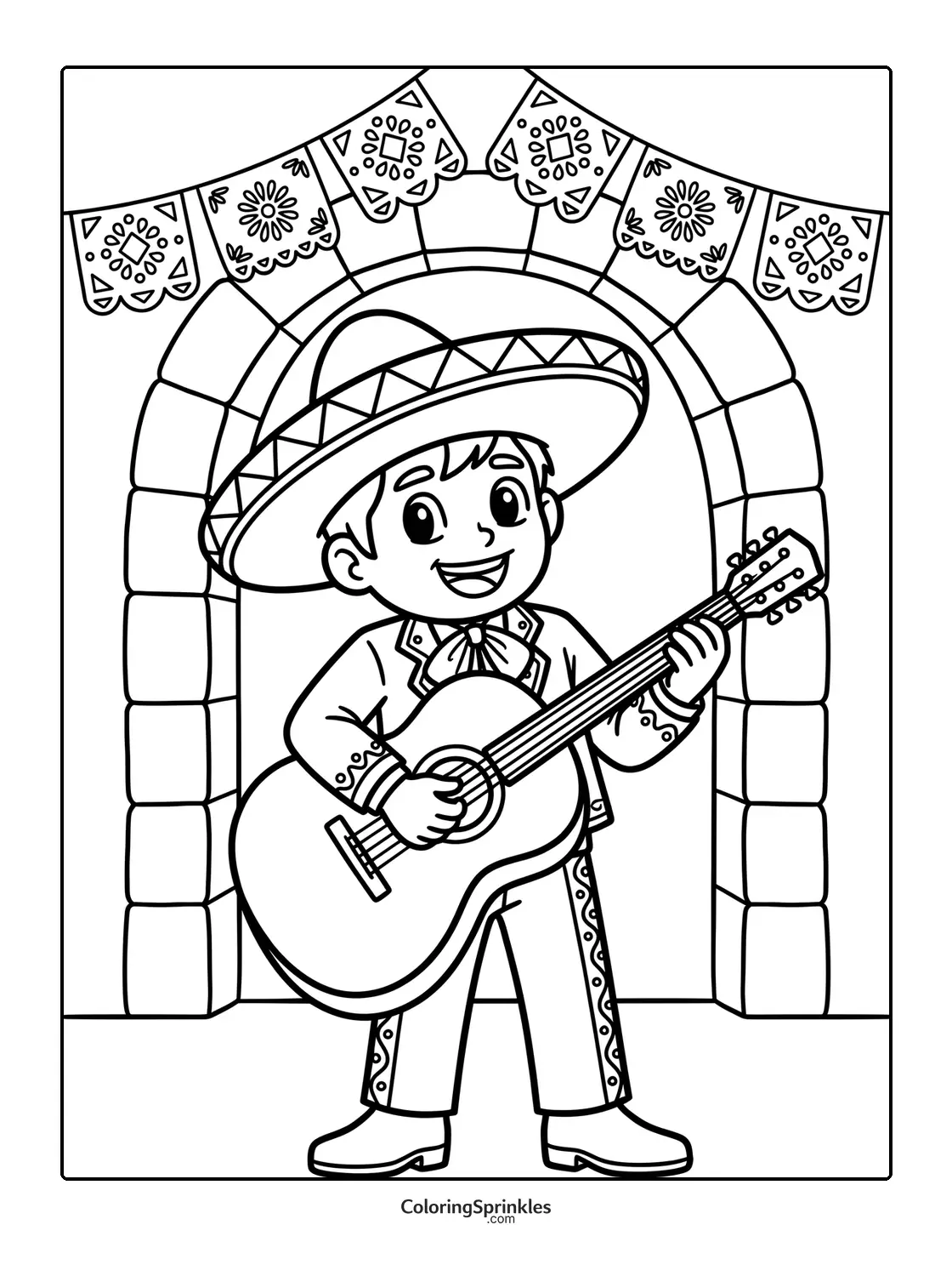 Coloring page of a Hispanic boy dressed as a mariachi playing guitar under an archway