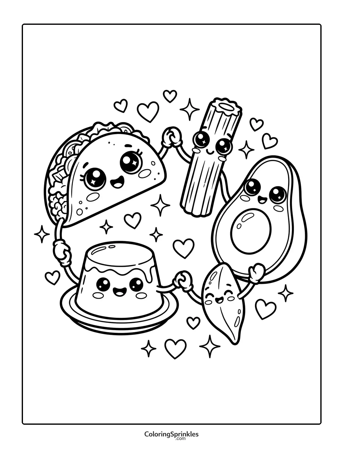 Coloring page of happy Hispanic food characters holding hands