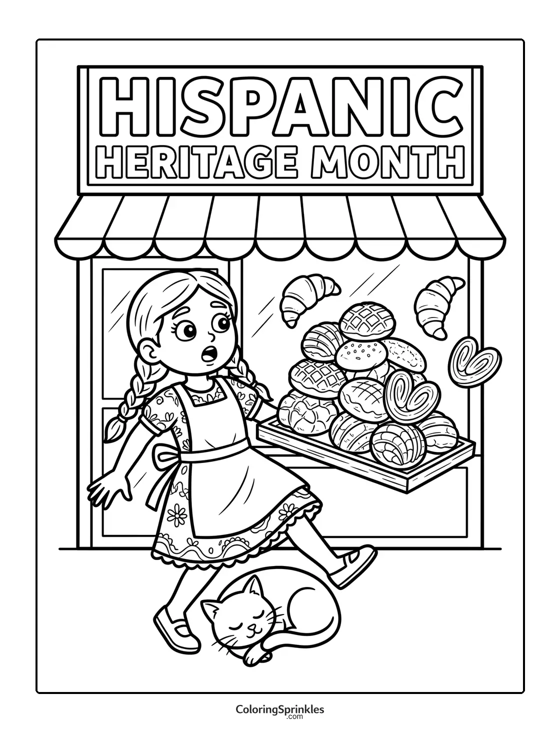 Coloring page of a girl in front of a bakery with Hispanic Heritage Month sign