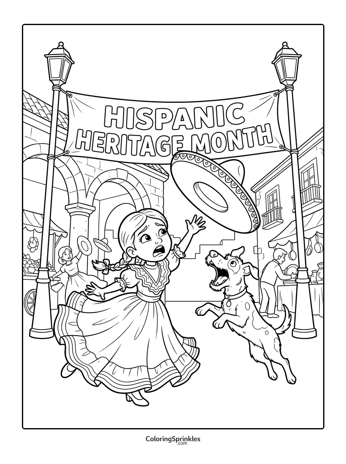 Coloring page of a girl and dog chasing a flying sombrero under a Hispanic Heritage Month banner