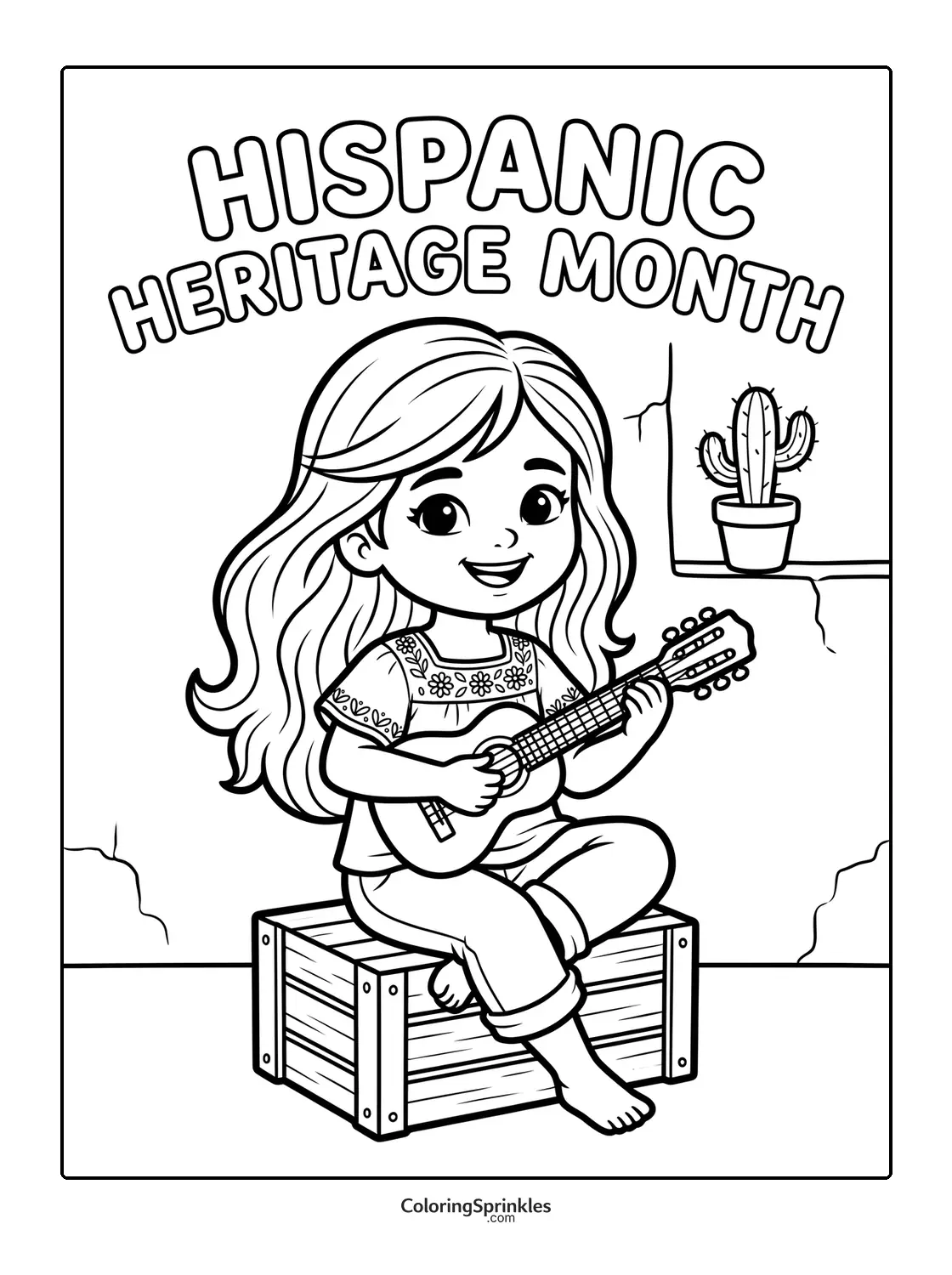 Coloring page of a girl playing guitar for Hispanic Heritage Month