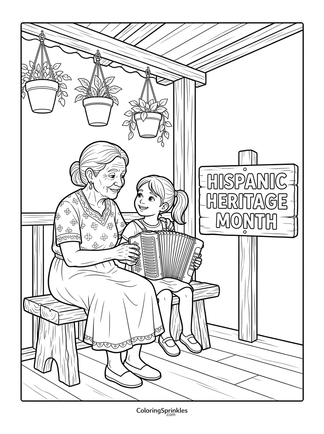 Coloring page of a grandmother and granddaughter playing accordion for Hispanic Heritage Month