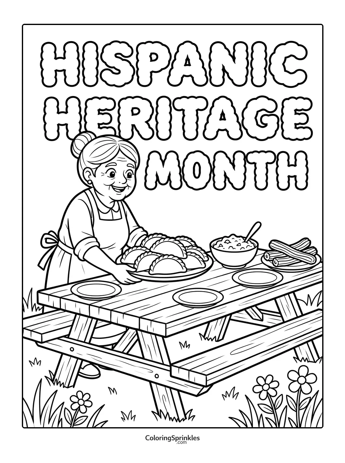 Coloring page of a woman setting food on a picnic table for Hispanic Heritage Month