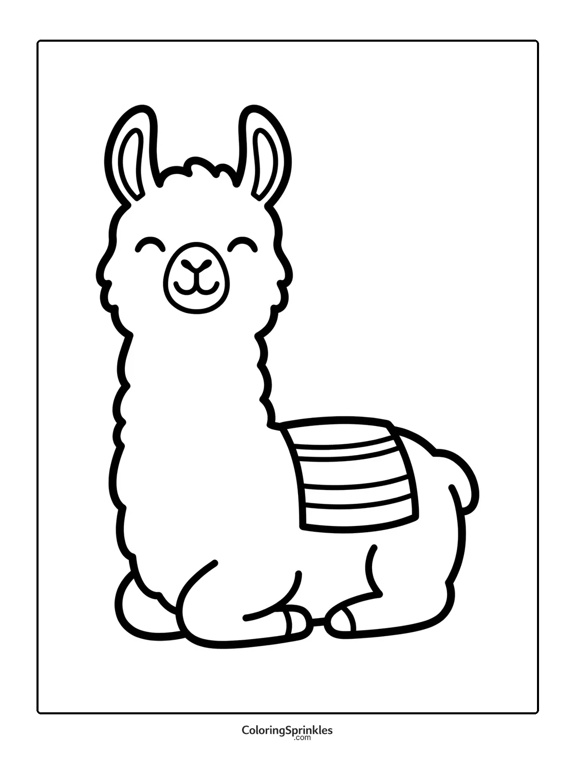 Coloring page of a sitting llama with a striped blanket