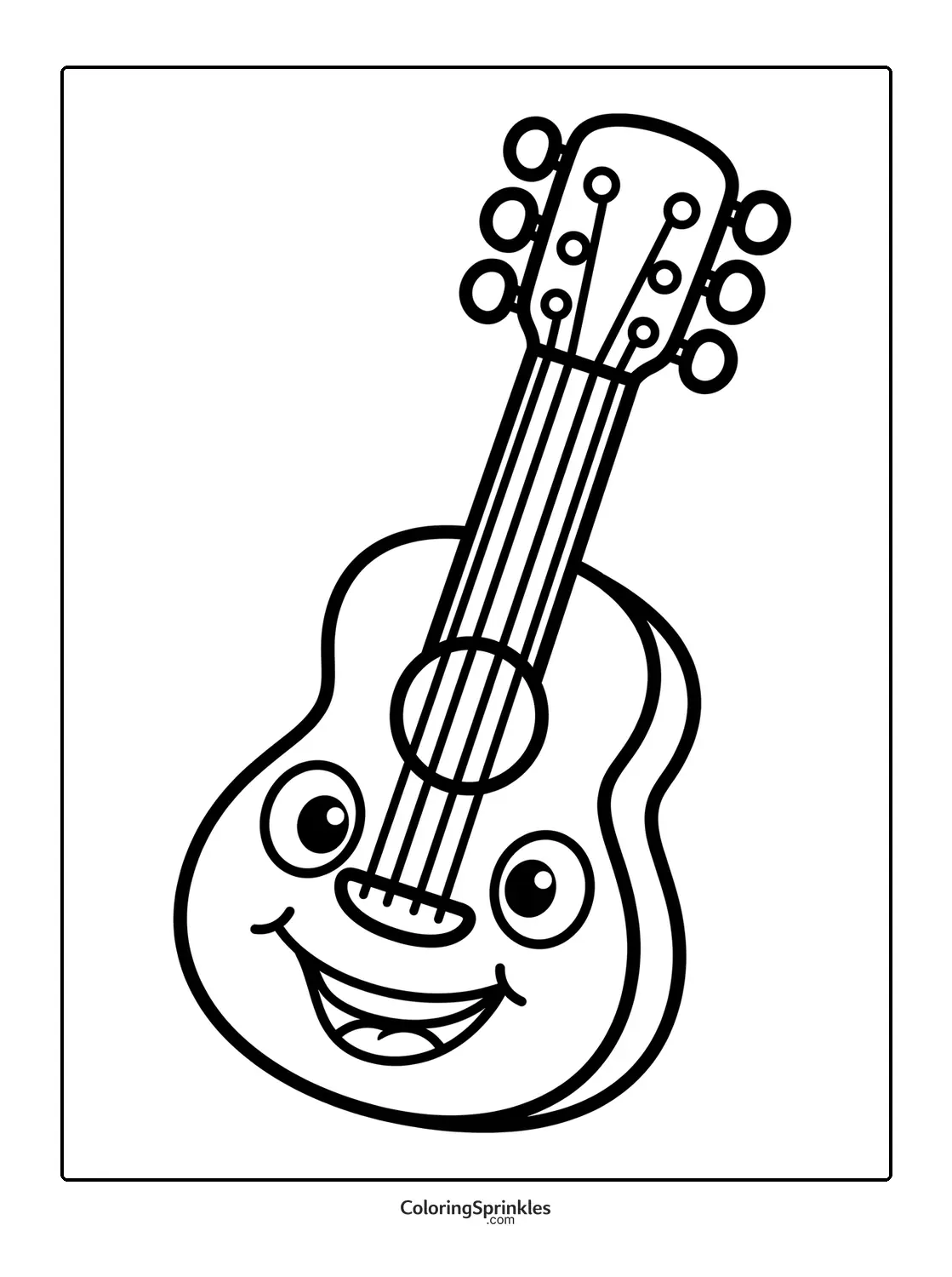 Coloring page of a smiling guitar for Hispanic Heritage Month