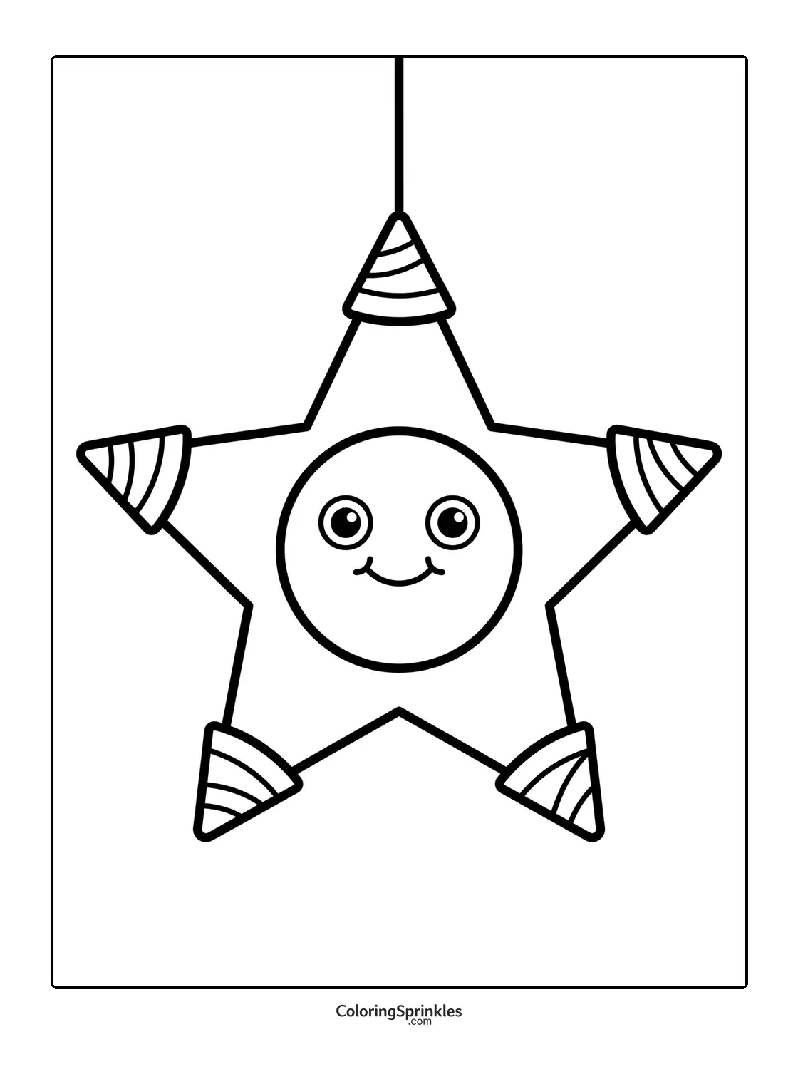 Coloring page of a star-shaped piñata with a smiling face