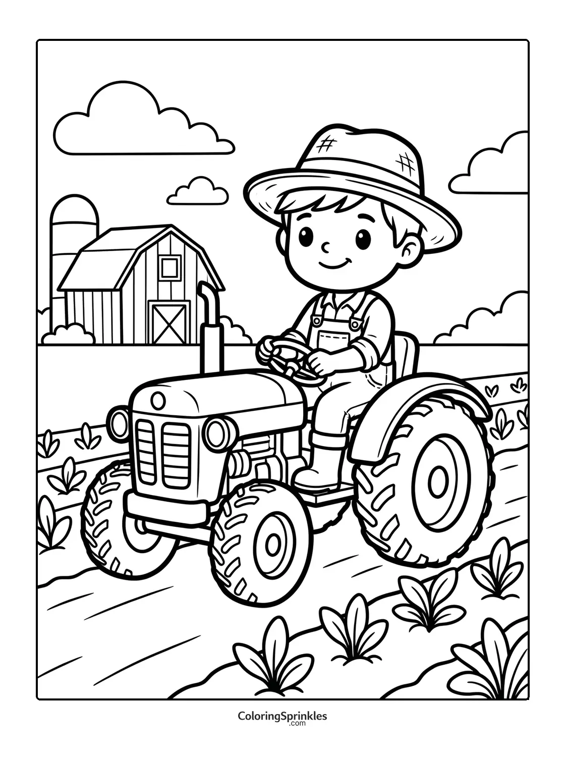 Coloring page of a boy driving a tractor on a farm with a barn