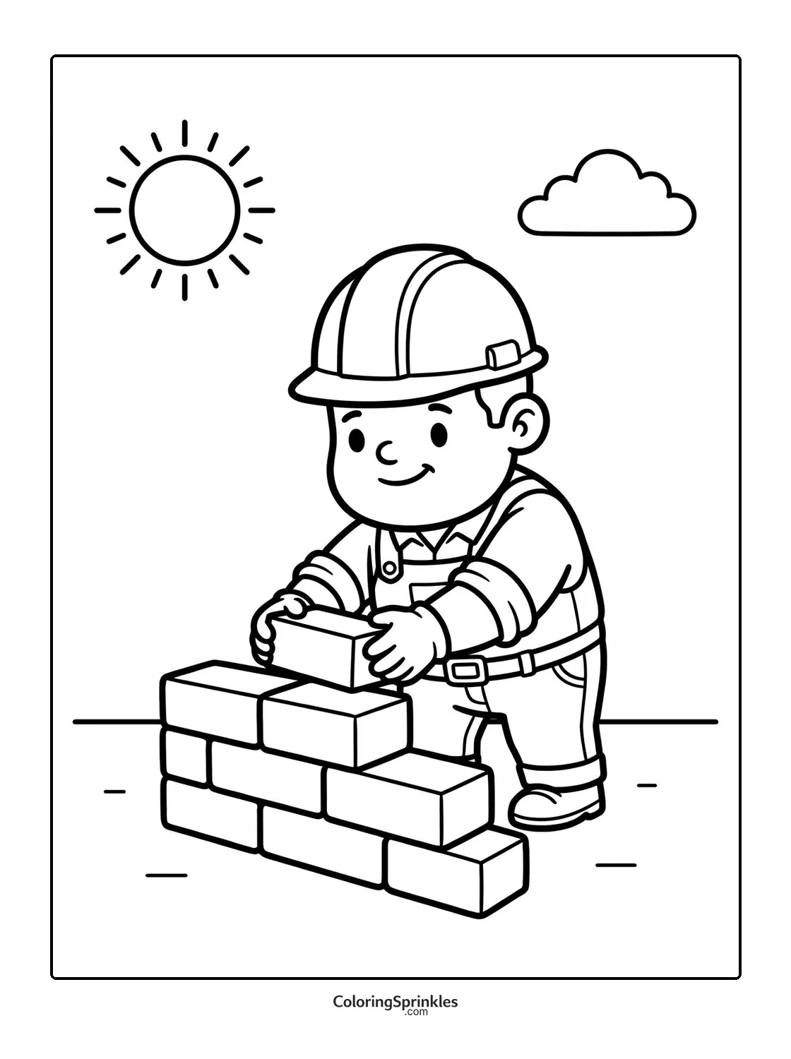Coloring page of a construction worker building a brick wall outdoors