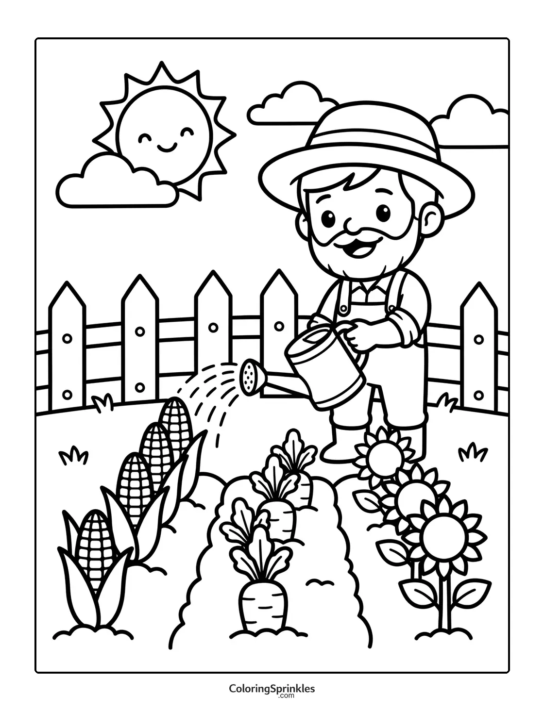 Coloring page of a farmer watering vegetables in a garden under the sun