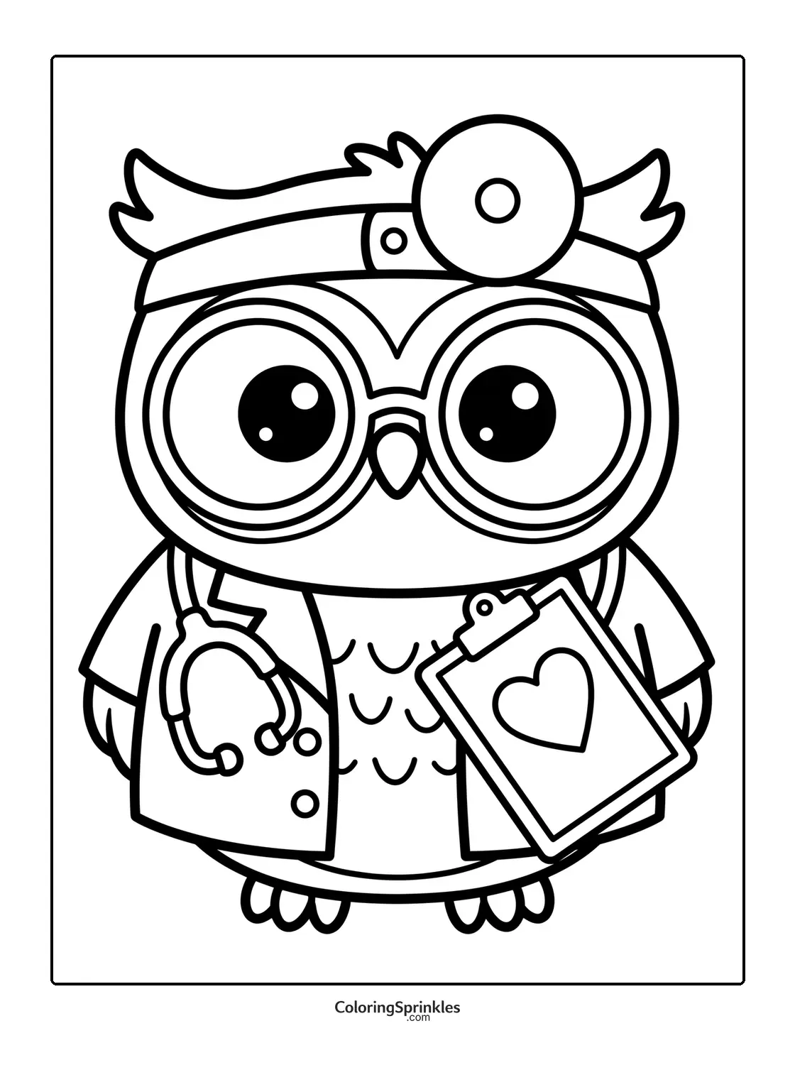 Coloring page of an owl dressed as a doctor with a stethoscope and clipboard