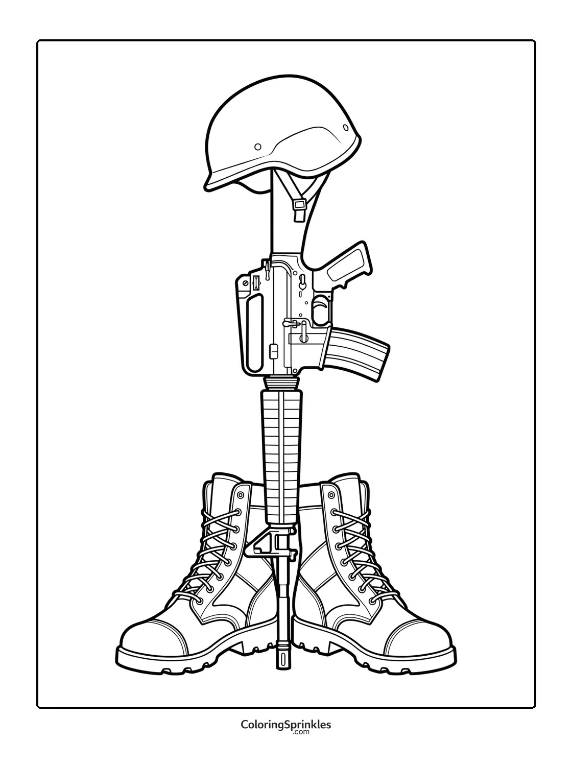 Coloring page of a memorial day rifle with helmet and boots