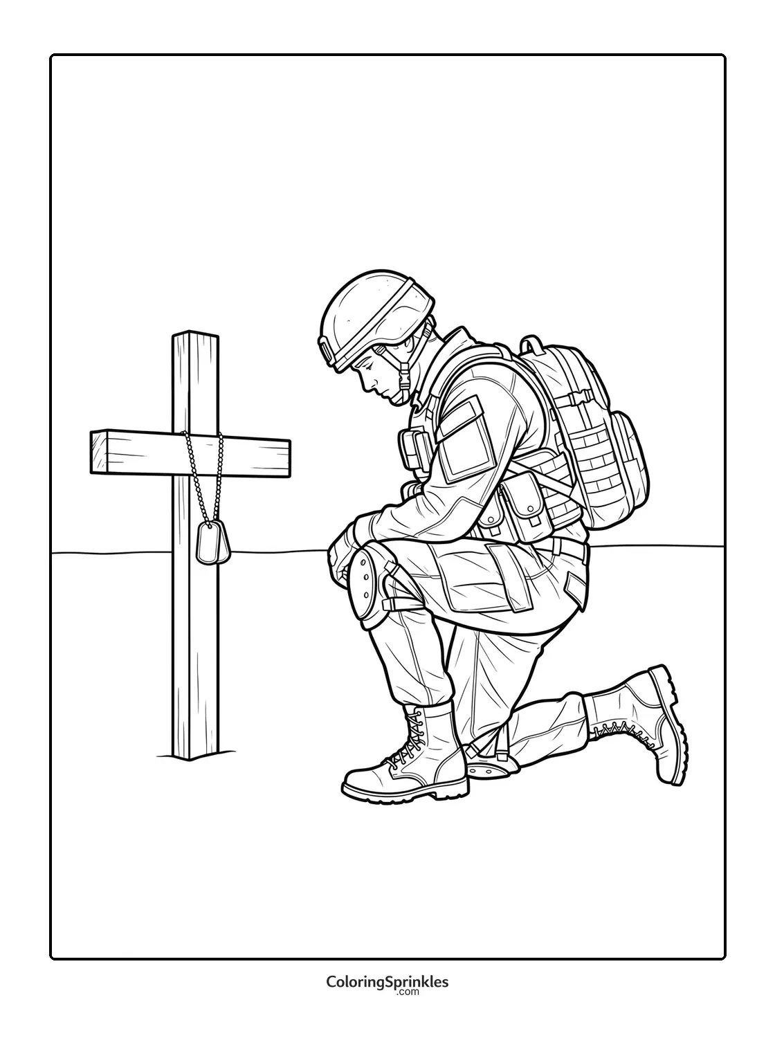 Coloring page of a soldier kneeling in front of a cross with dog tags