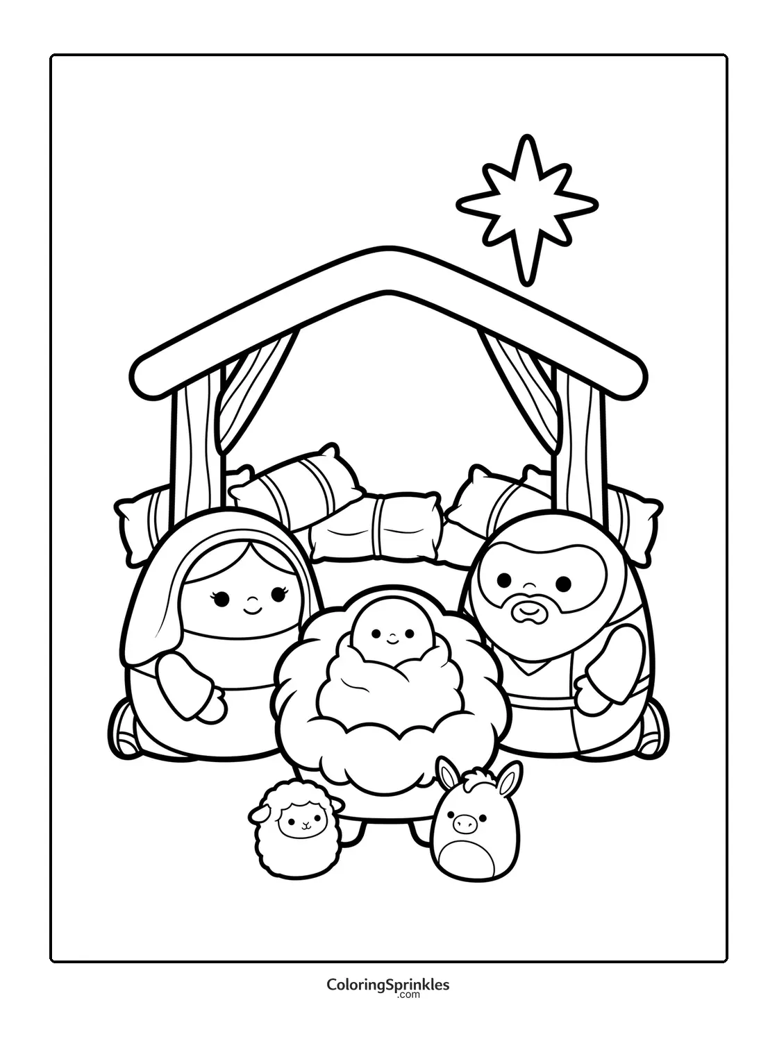 Coloring page of baby Jesus with Mary and Joseph in a stable