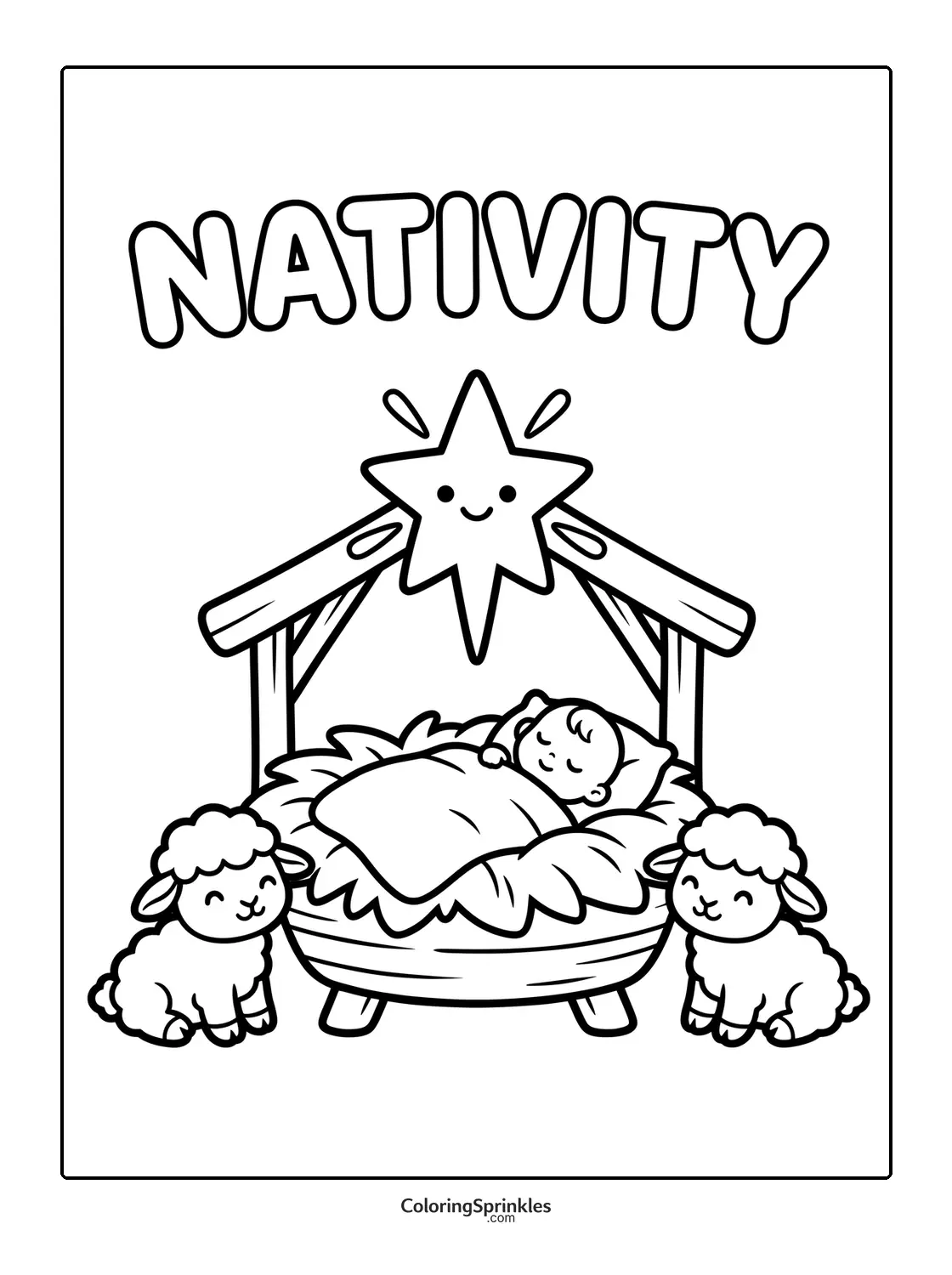 Coloring page of a nativity scene with baby Jesus in a manger, two sheep and a shining star