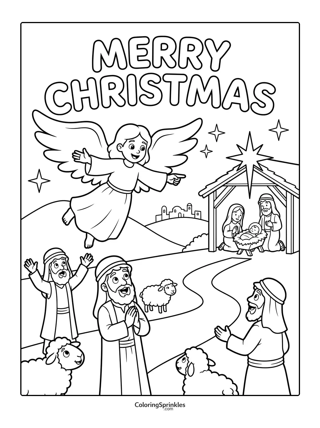 Coloring page of a nativity scene with an angel, shepherds, and the manger