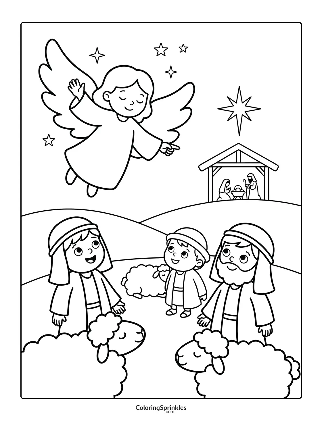 Coloring page of a nativity scene with an angel, shepherds, and sheep