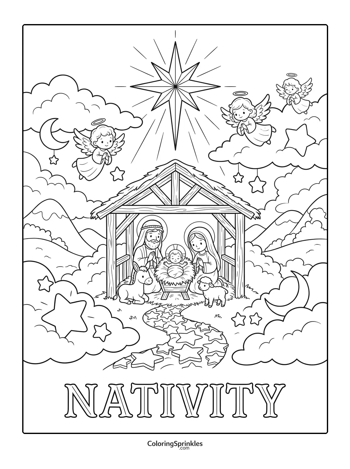 Coloring page of a nativity scene with angels and a shining star