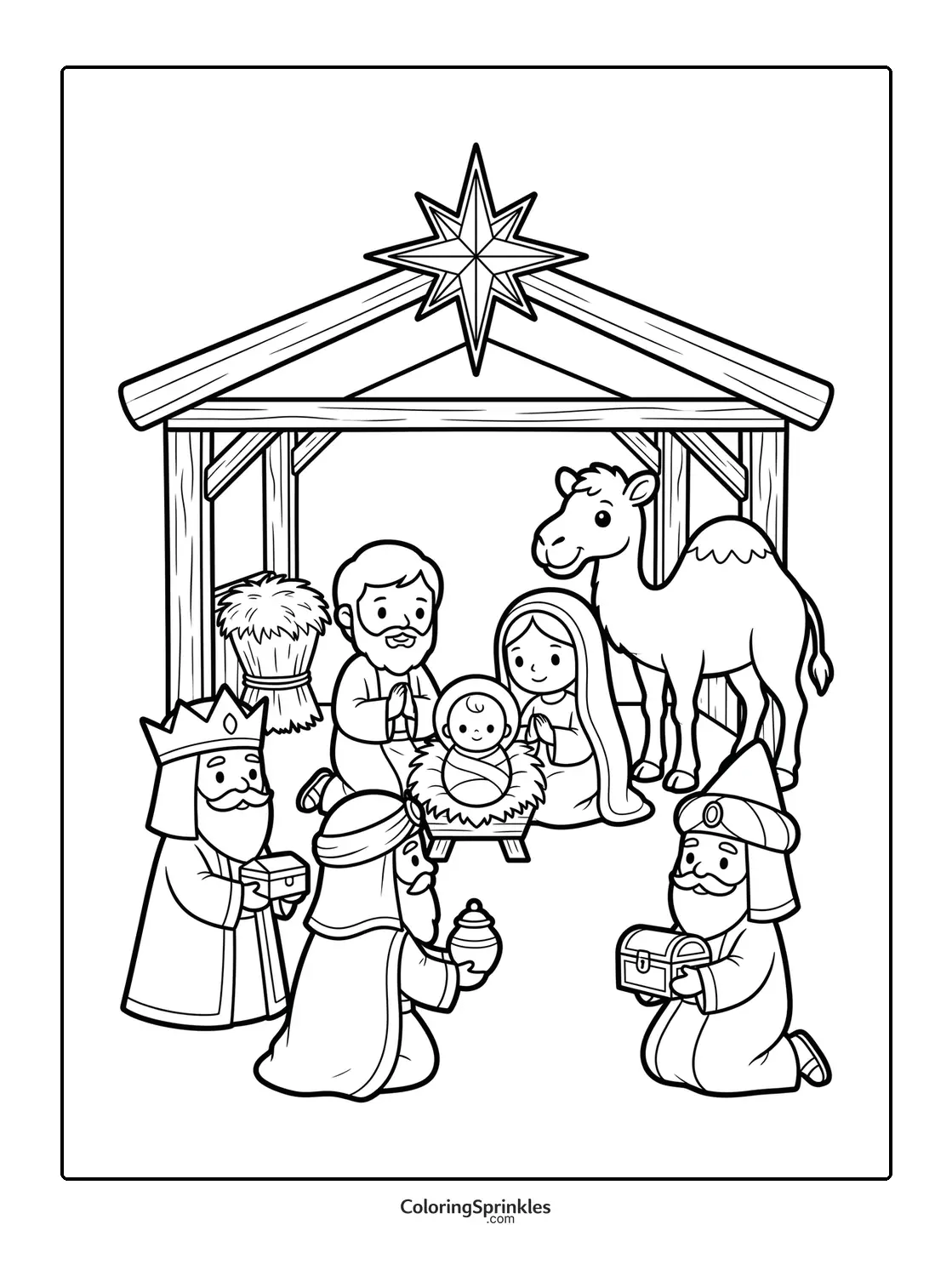 Coloring page of a nativity scene with baby Jesus, Mary, Joseph, three magi and a camel