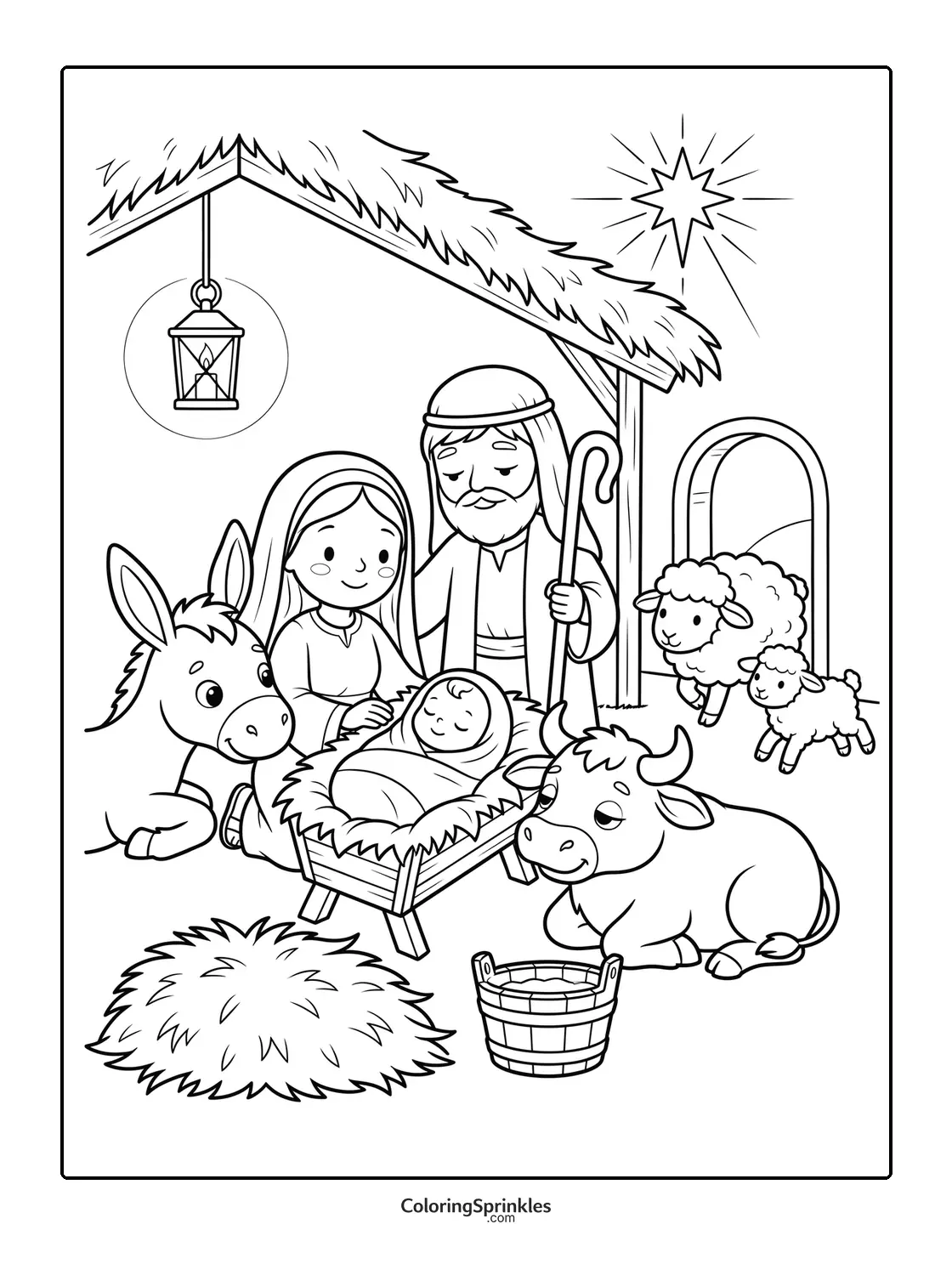 Coloring page of a nativity scene with baby Jesus in a manger surrounded by Mary, Joseph, and animals