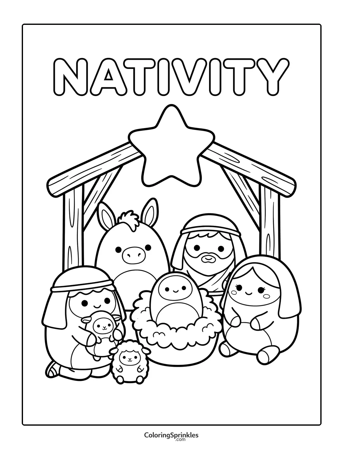 Coloring page of a nativity scene with baby Jesus in a manger under a star