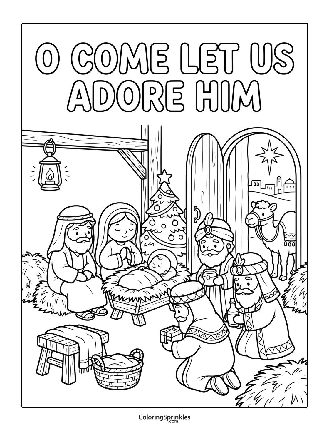 Coloring page of a nativity scene with baby Jesus, Mary, Joseph, and the three magi