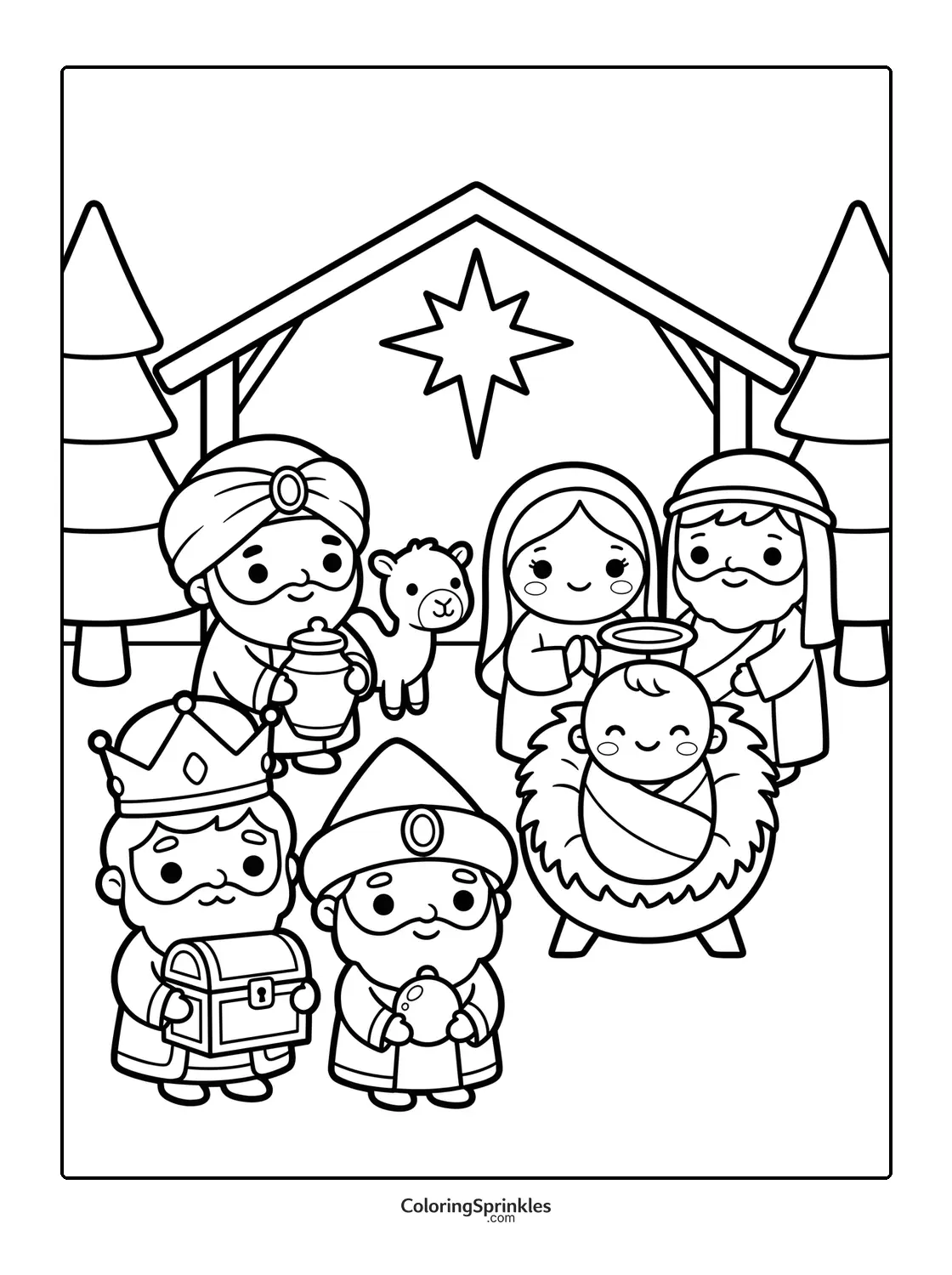Coloring page of a nativity scene with baby Jesus, Mary, Joseph, and three kings