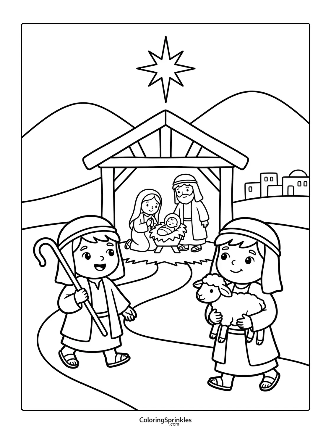 Coloring page of a nativity scene with baby Jesus, Mary, Joseph, and shepherds with a sheep