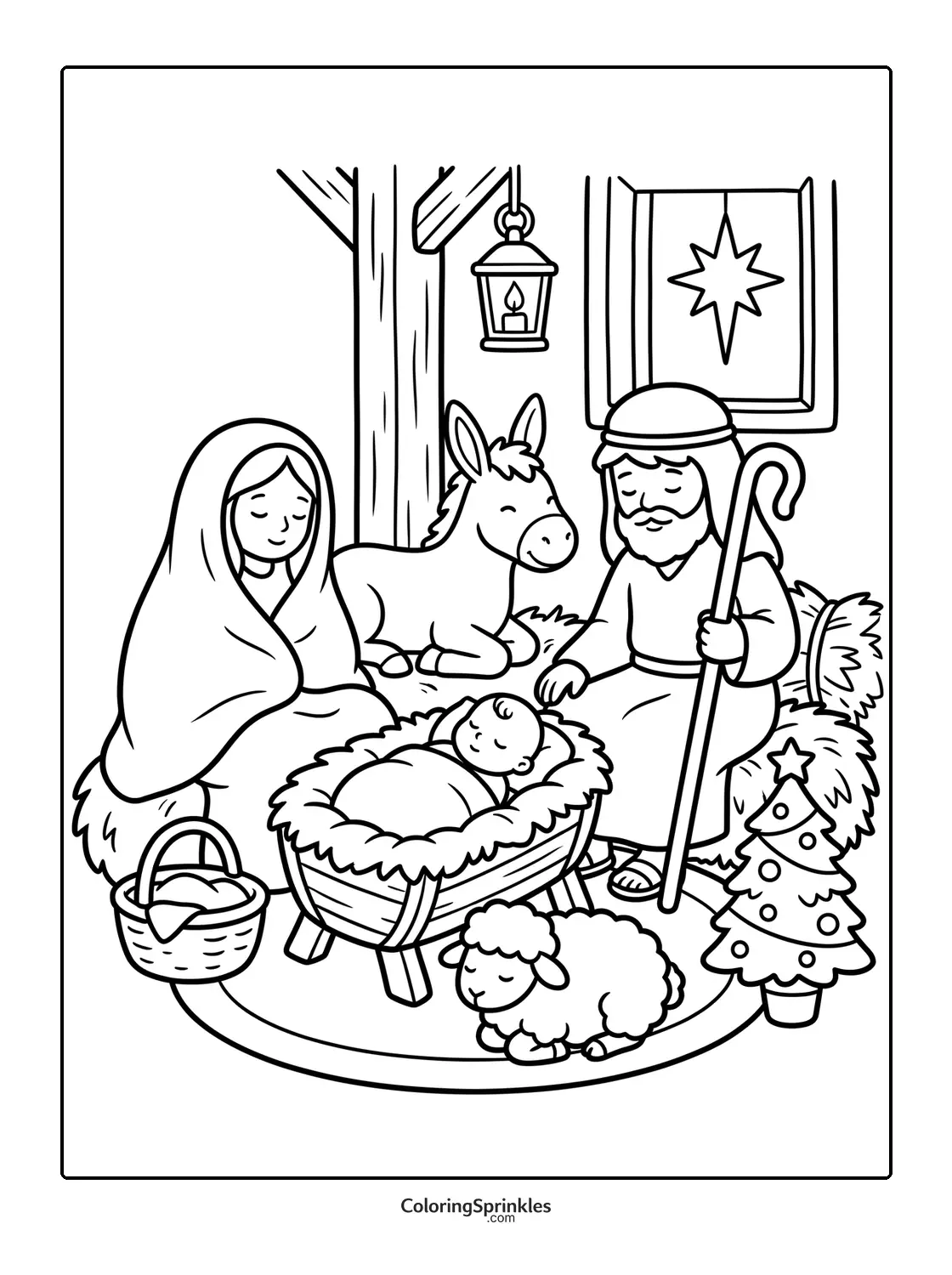 Coloring page of a nativity scene with baby Jesus in a manger, Mary, Joseph, a sheep and a donkey