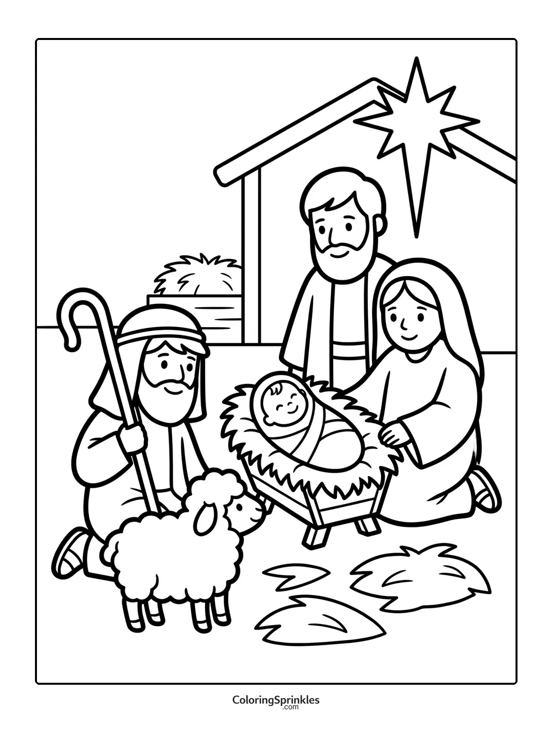 Coloring page of a nativity scene with baby in a manger, shepherd and sheep