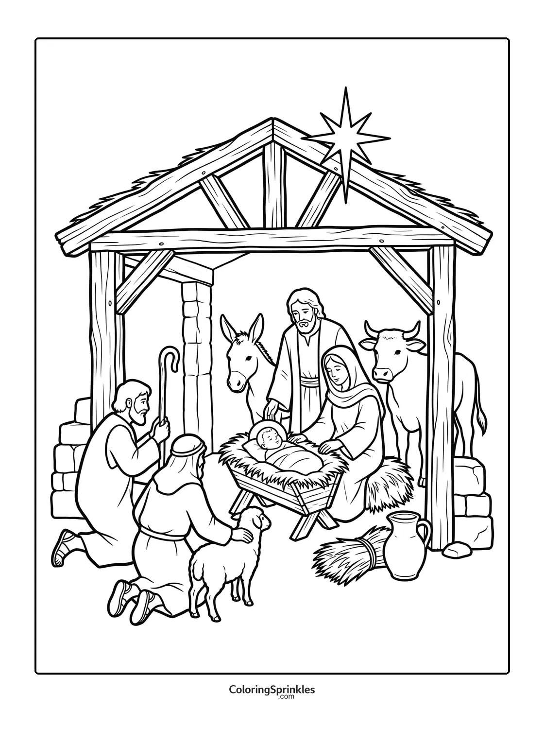 Coloring page of a nativity scene with baby Jesus in a manger and animals