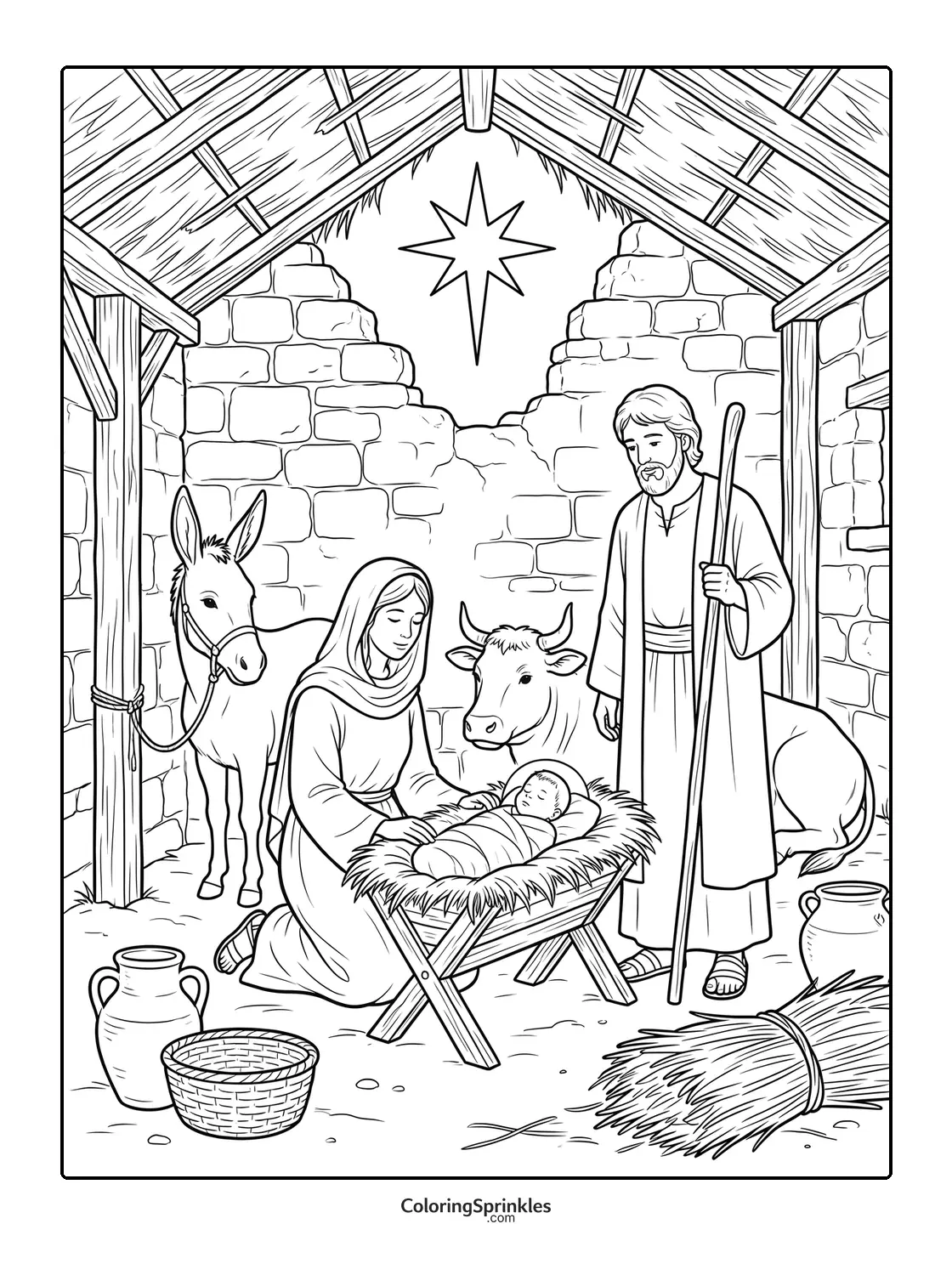 Coloring page of a nativity scene with Mary, Joseph, baby Jesus and animals