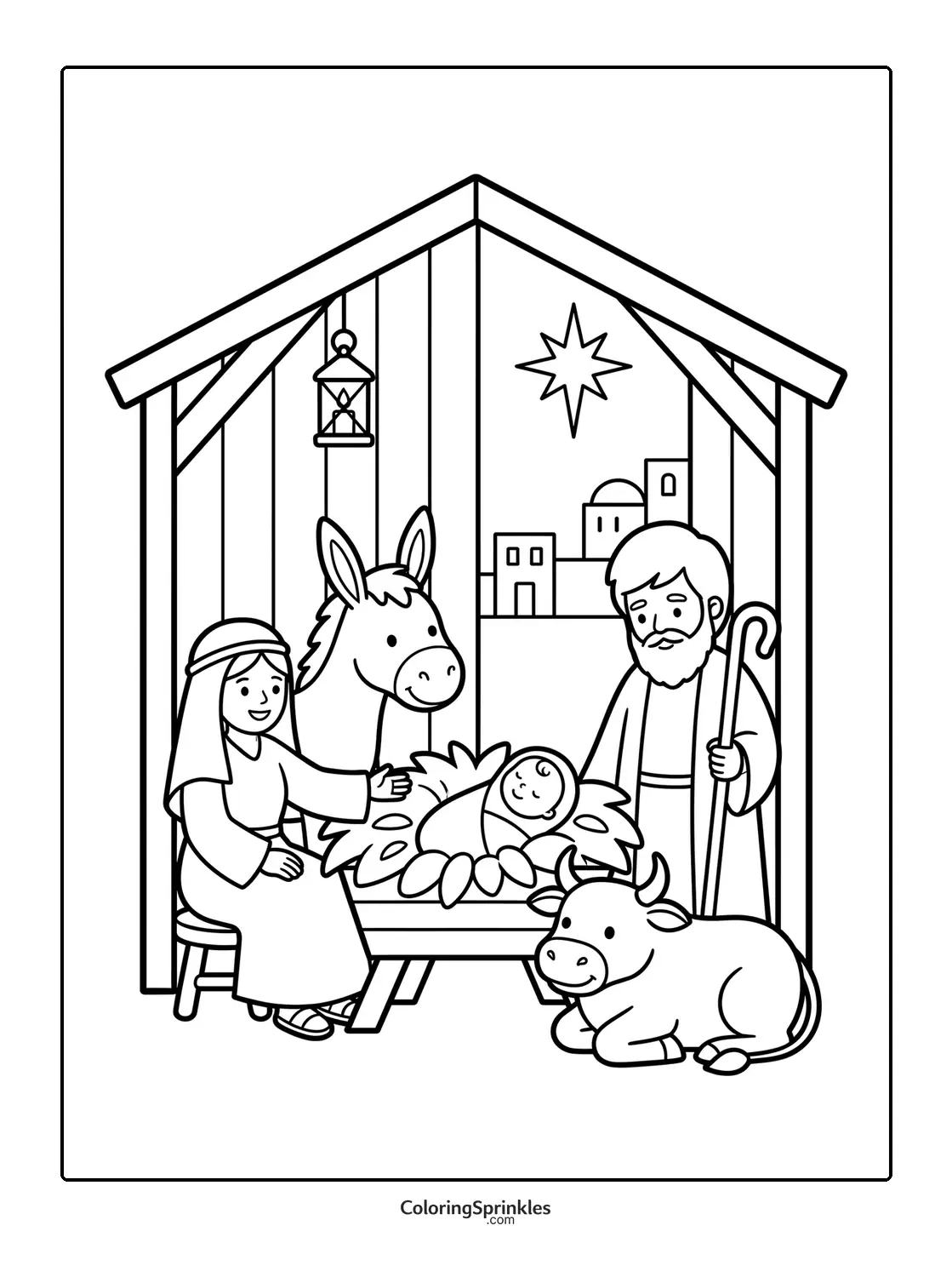 Coloring page of a nativity scene with Mary, Joseph, baby Jesus, and animals