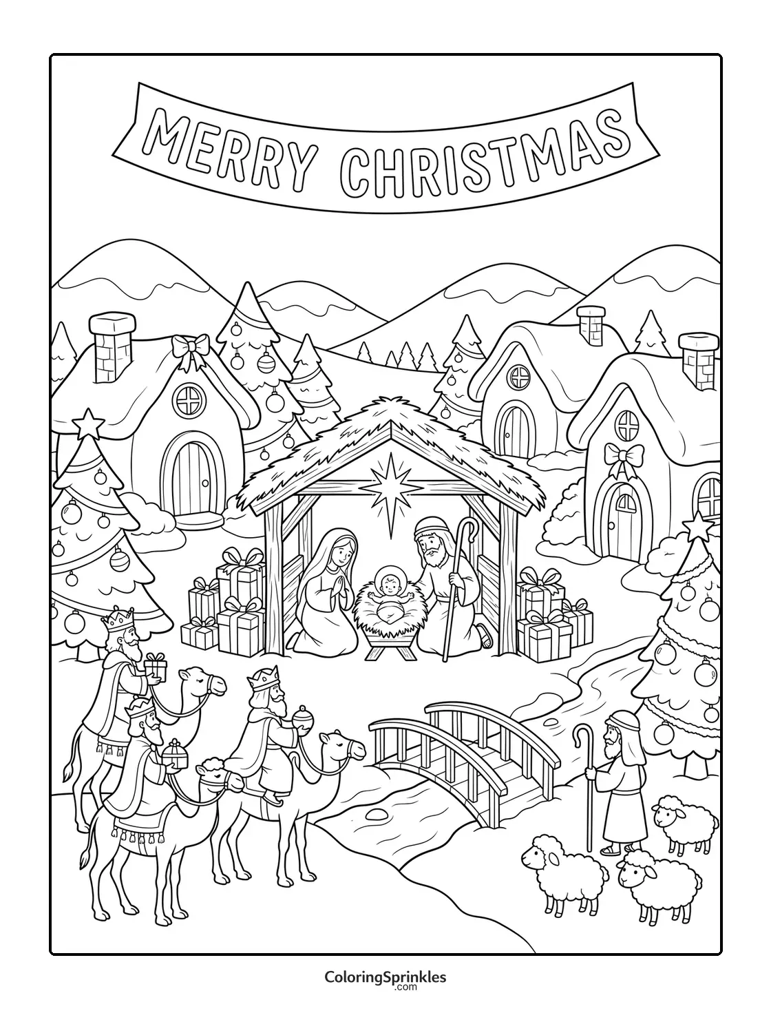Coloring page of a nativity scene with three kings, shepherd, and snowy village