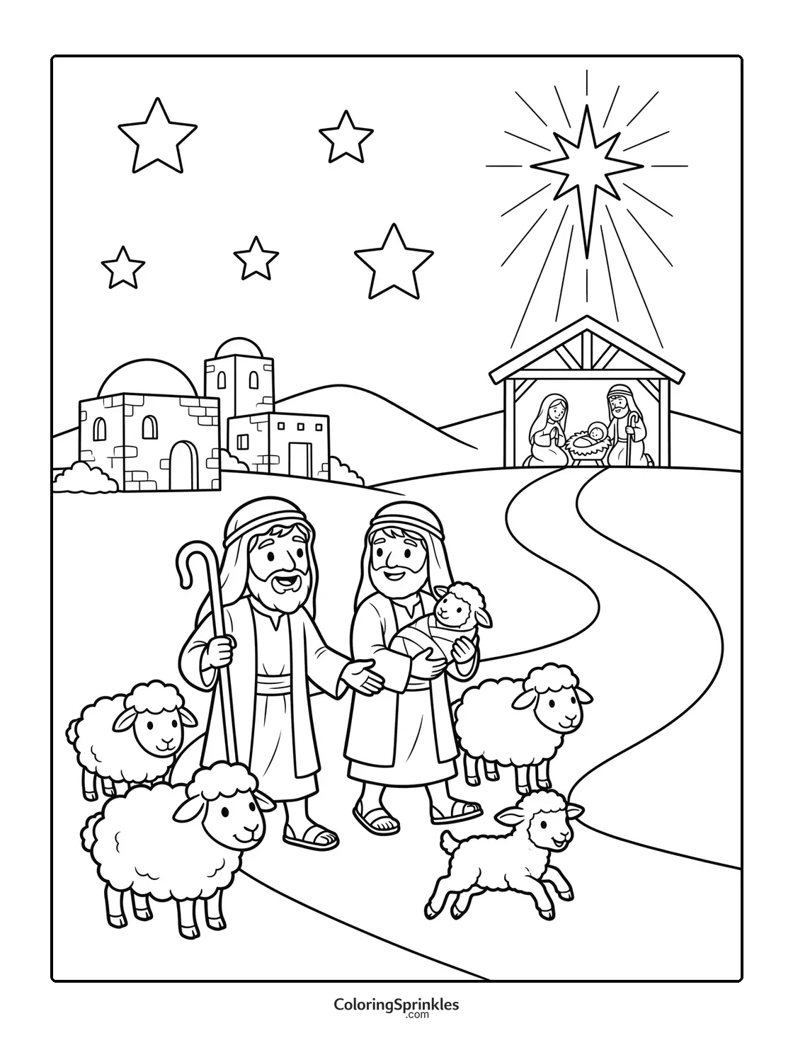 Coloring page of shepherds with sheep and baby near nativity scene with star