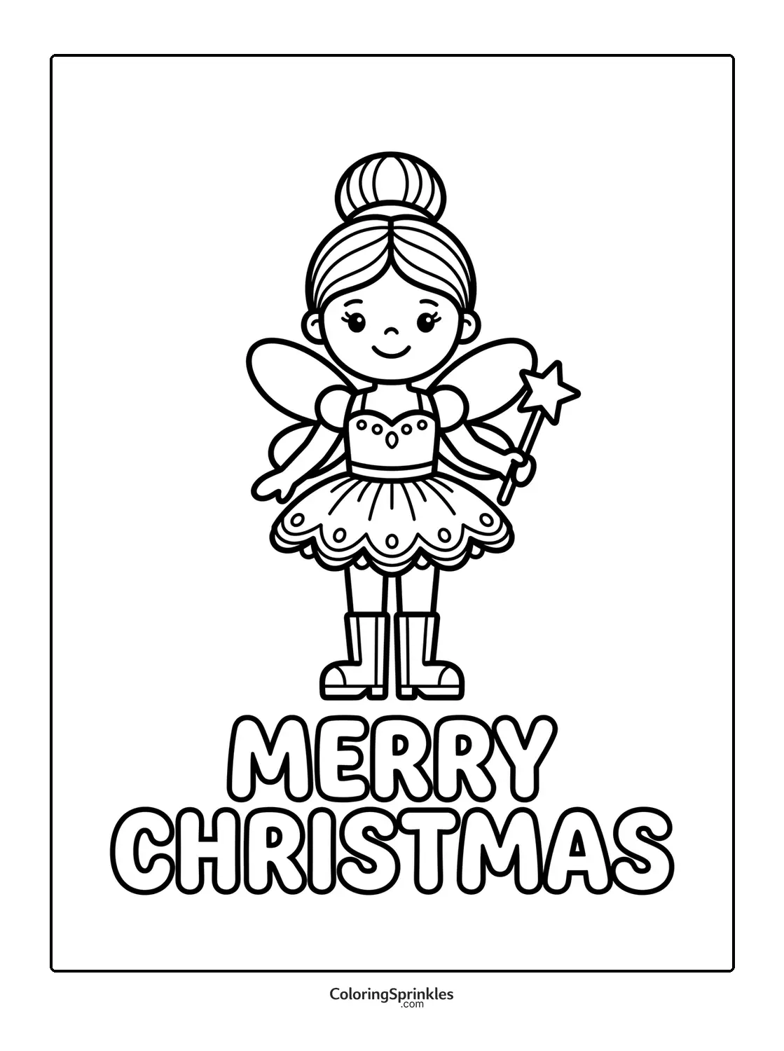 Coloring page of a Christmas fairy holding a wand with Merry Christmas text