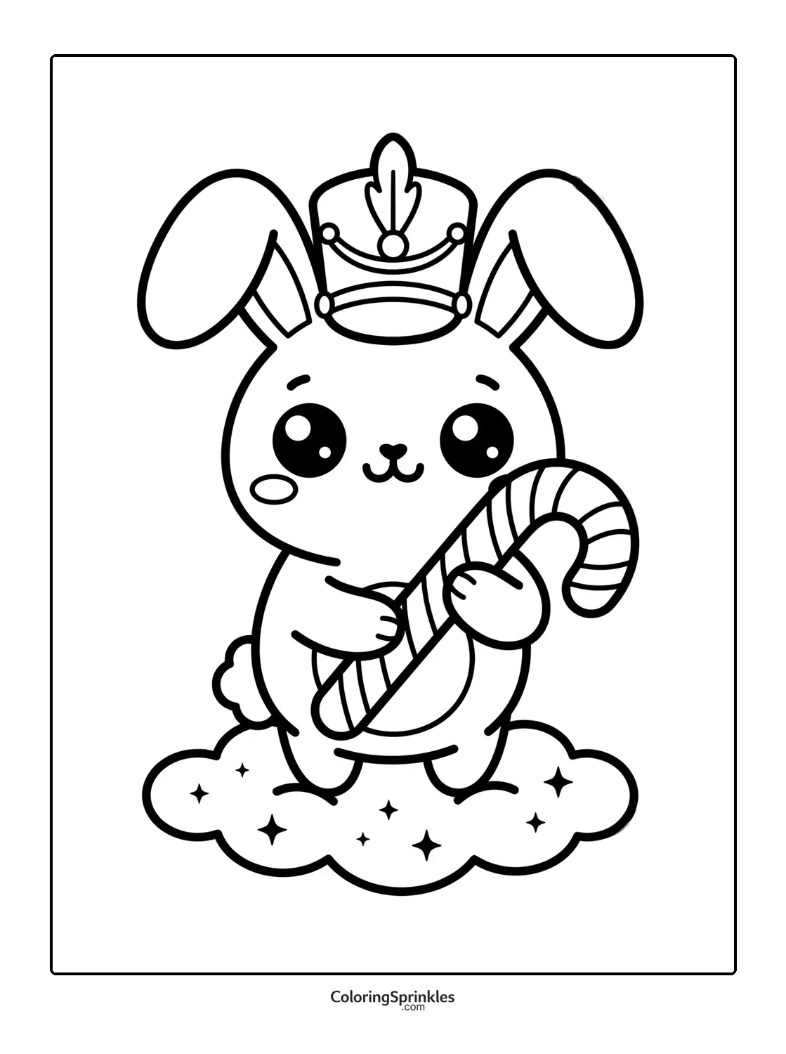 Coloring page of a cute bunny nutcracker holding a candy cane on a cloud