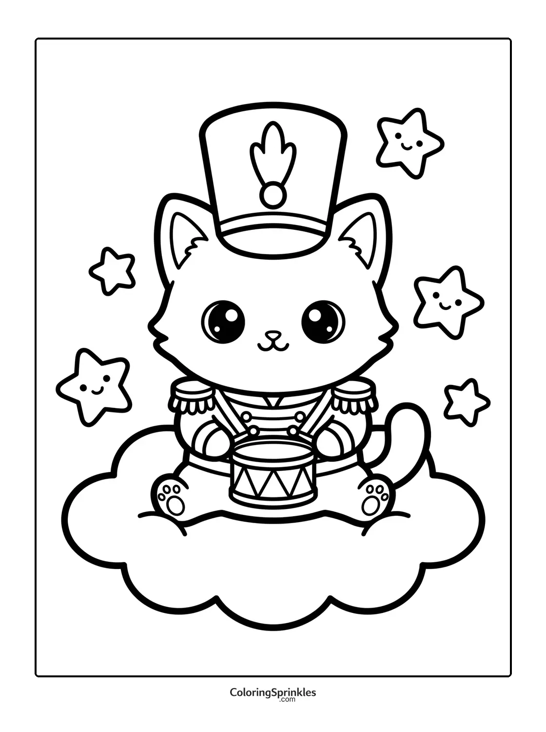 Coloring page of a cute cat dressed as a nutcracker playing a drum on a cloud with smiling stars