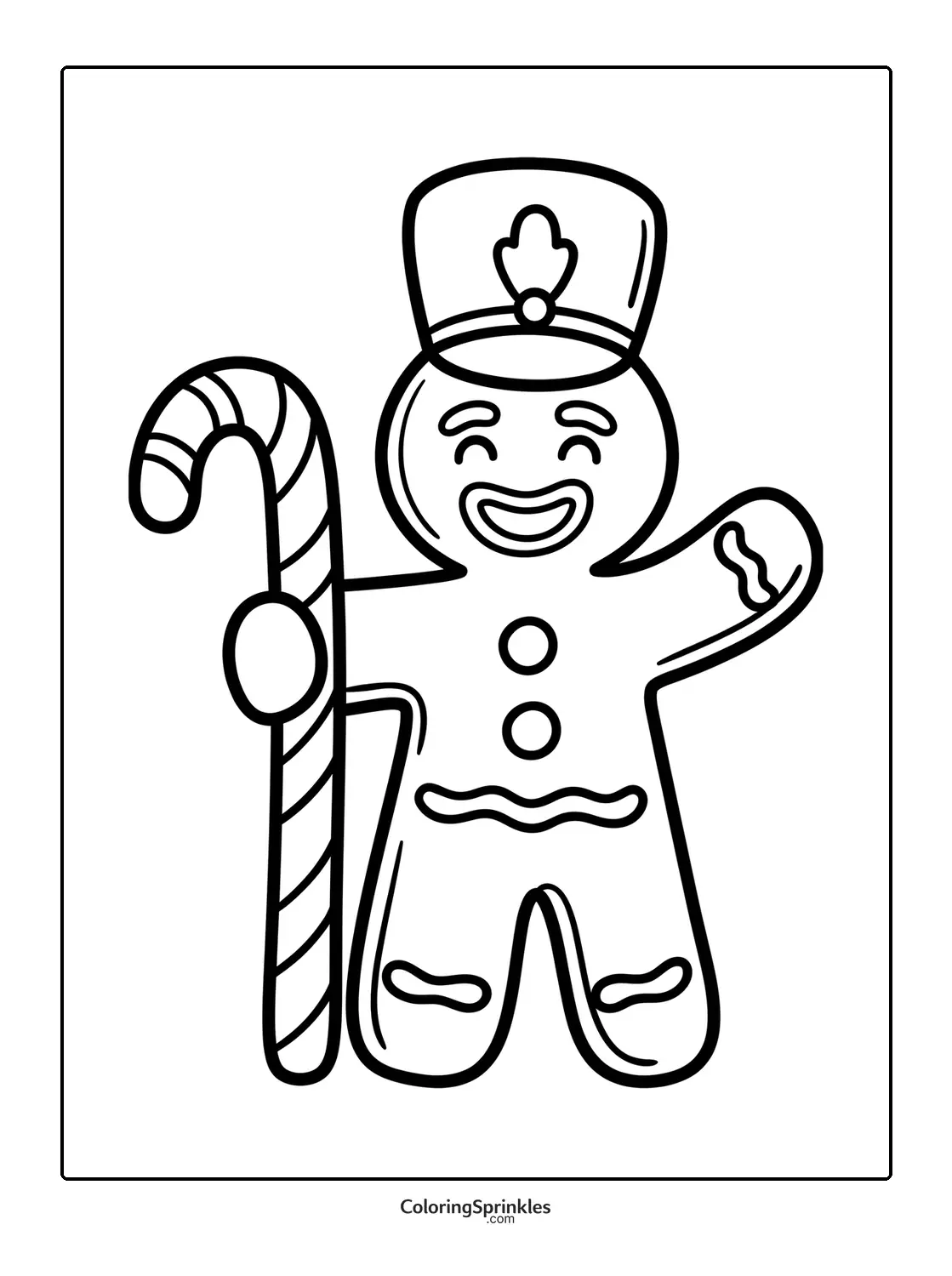 Coloring page of a gingerbread man holding a candy cane and wearing a hat