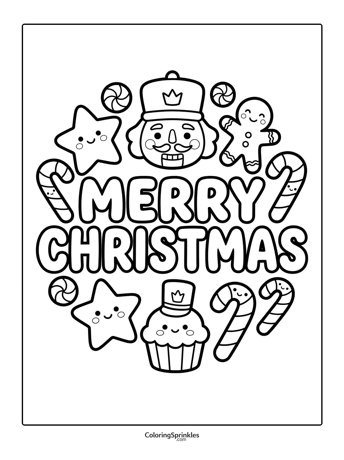 Coloring page of Merry Christmas with nutcracker, candy canes, cupcake and stars