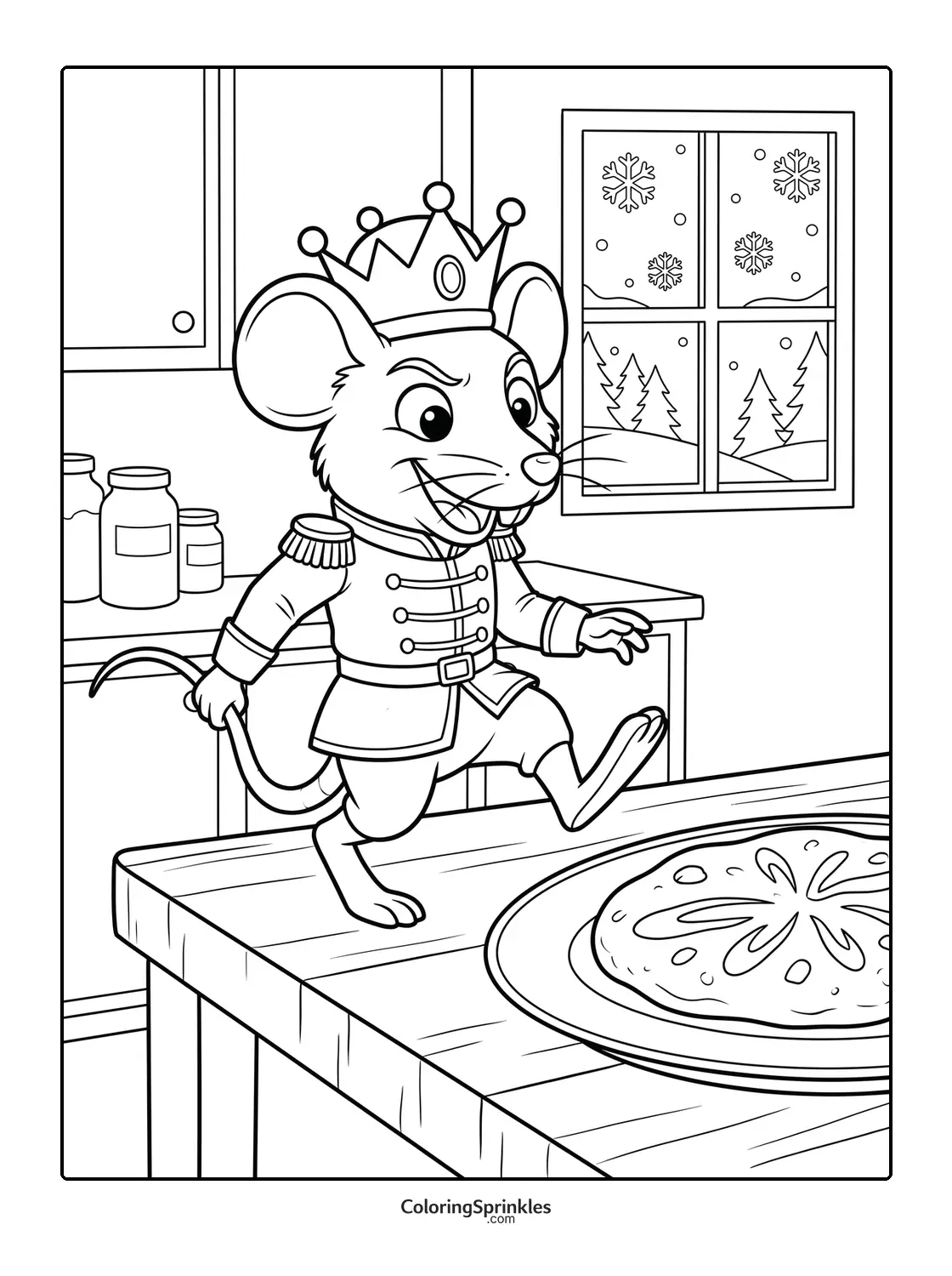 Coloring page of a mouse king from the Nutcracker in a kitchen with a winter window