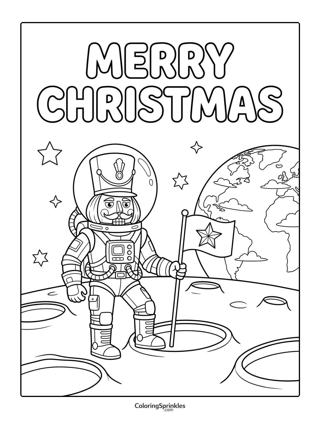 Coloring page of a nutcracker astronaut standing on the moon holding a flag with Earth in the background