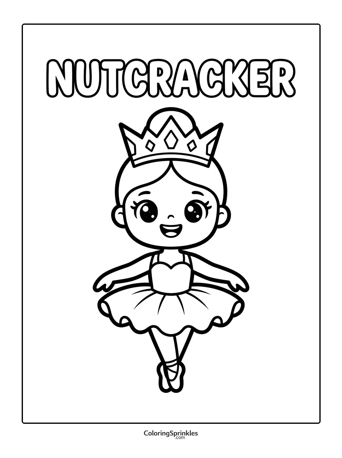 Coloring page of a nutcracker ballerina princess with a crown and tutu