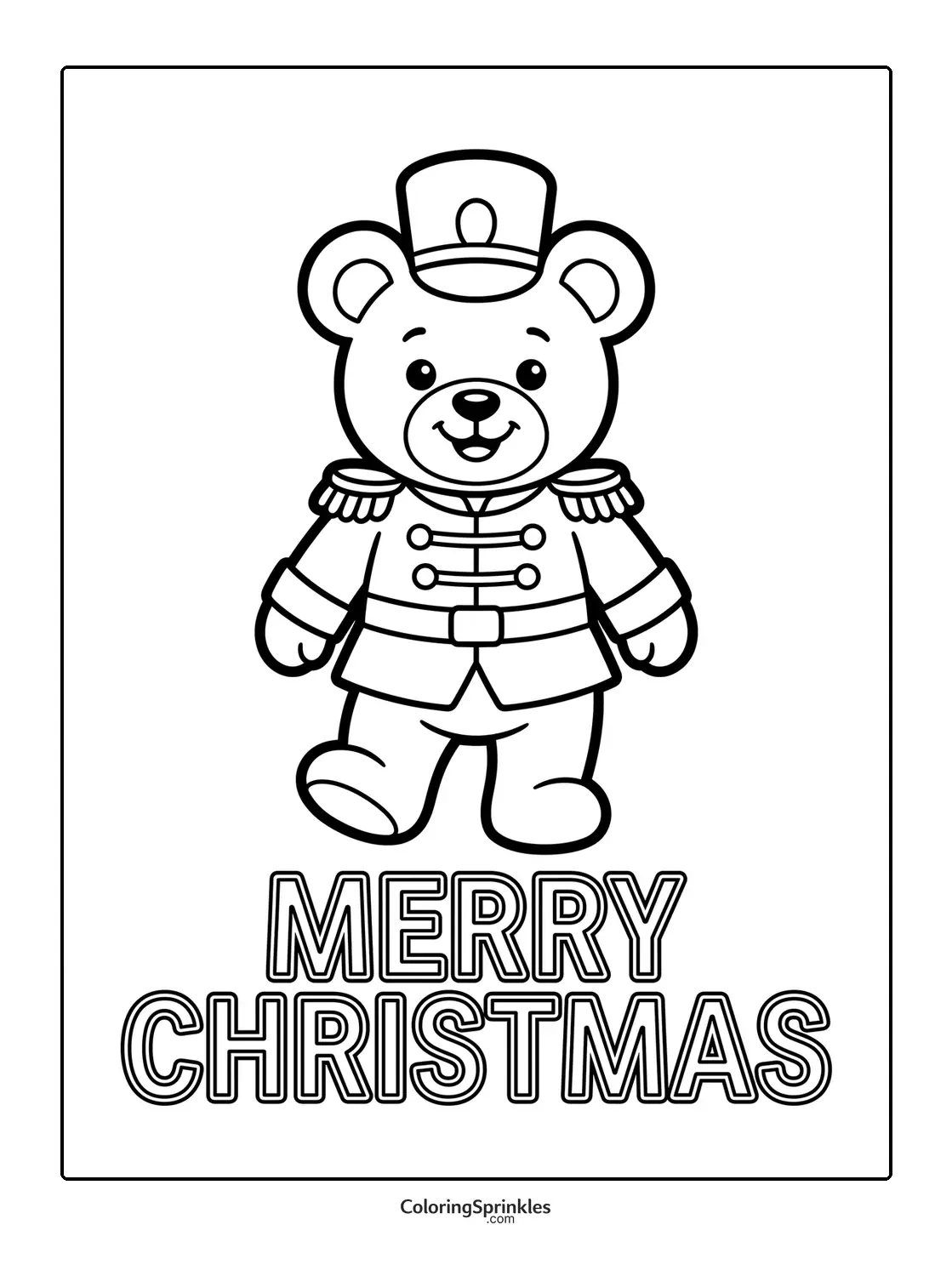 Coloring page of a nutcracker bear with Merry Christmas text