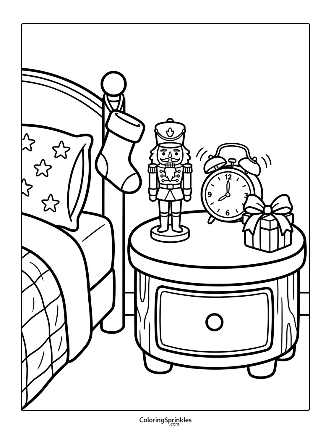 Coloring page of a nutcracker on a bedside table with an alarm clock and Christmas stocking