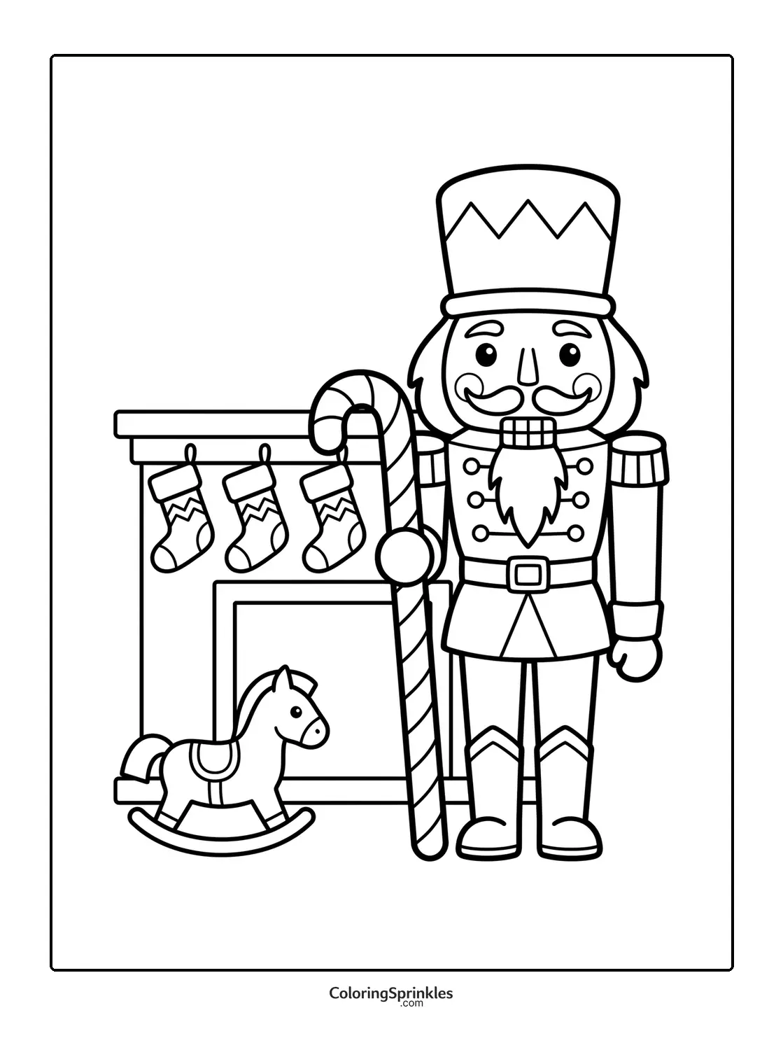 Coloring page of a nutcracker holding a candy cane by a fireplace with stockings and a rocking horse