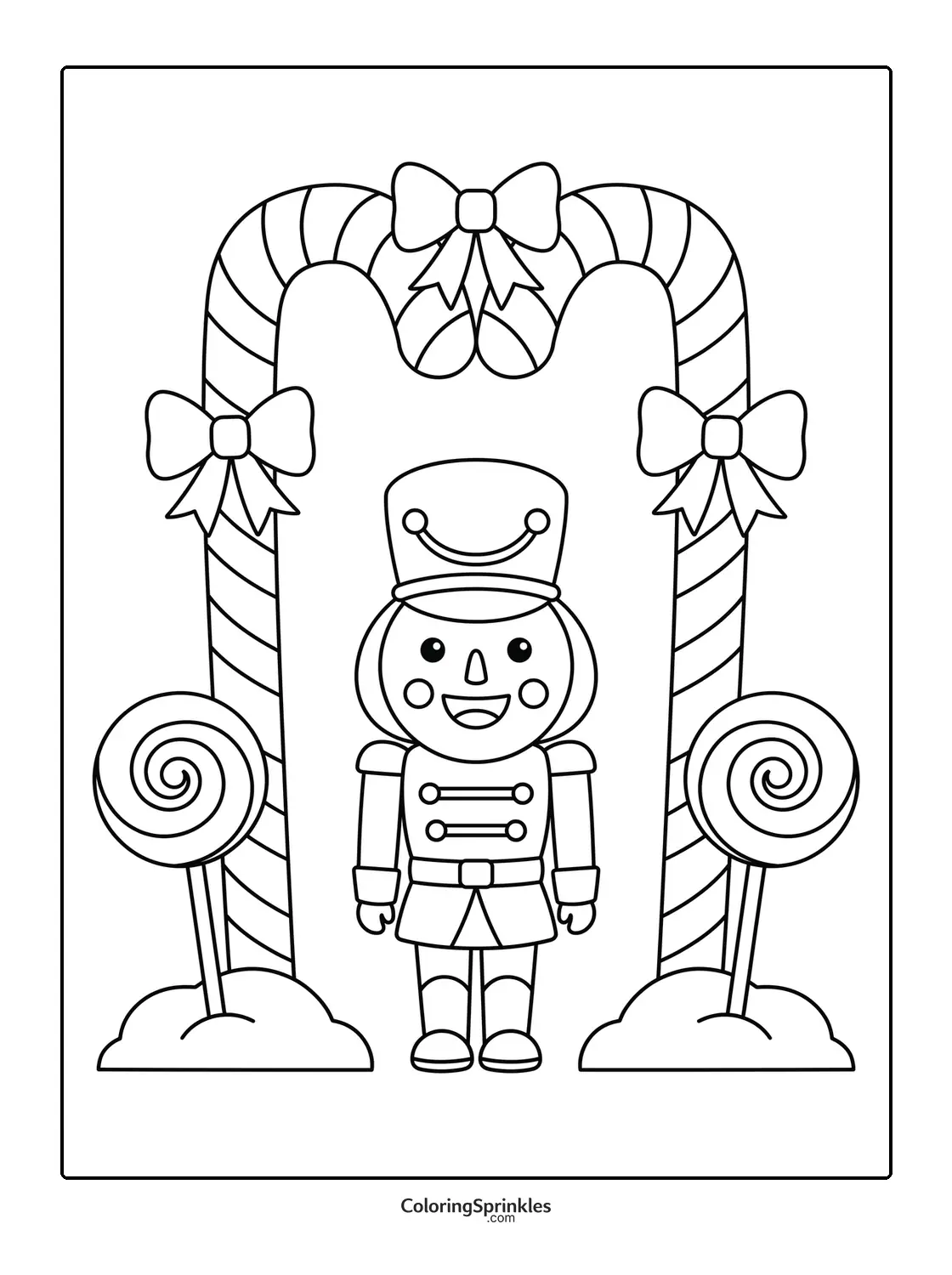 Coloring page of a nutcracker soldier standing between candy canes and lollipops with bows