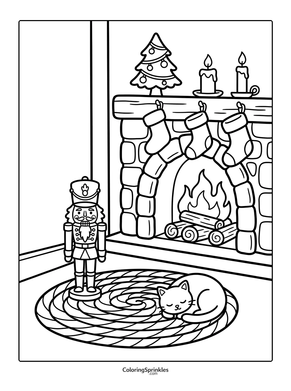 Coloring page of a nutcracker and a sleeping cat by a fireplace with Christmas stockings