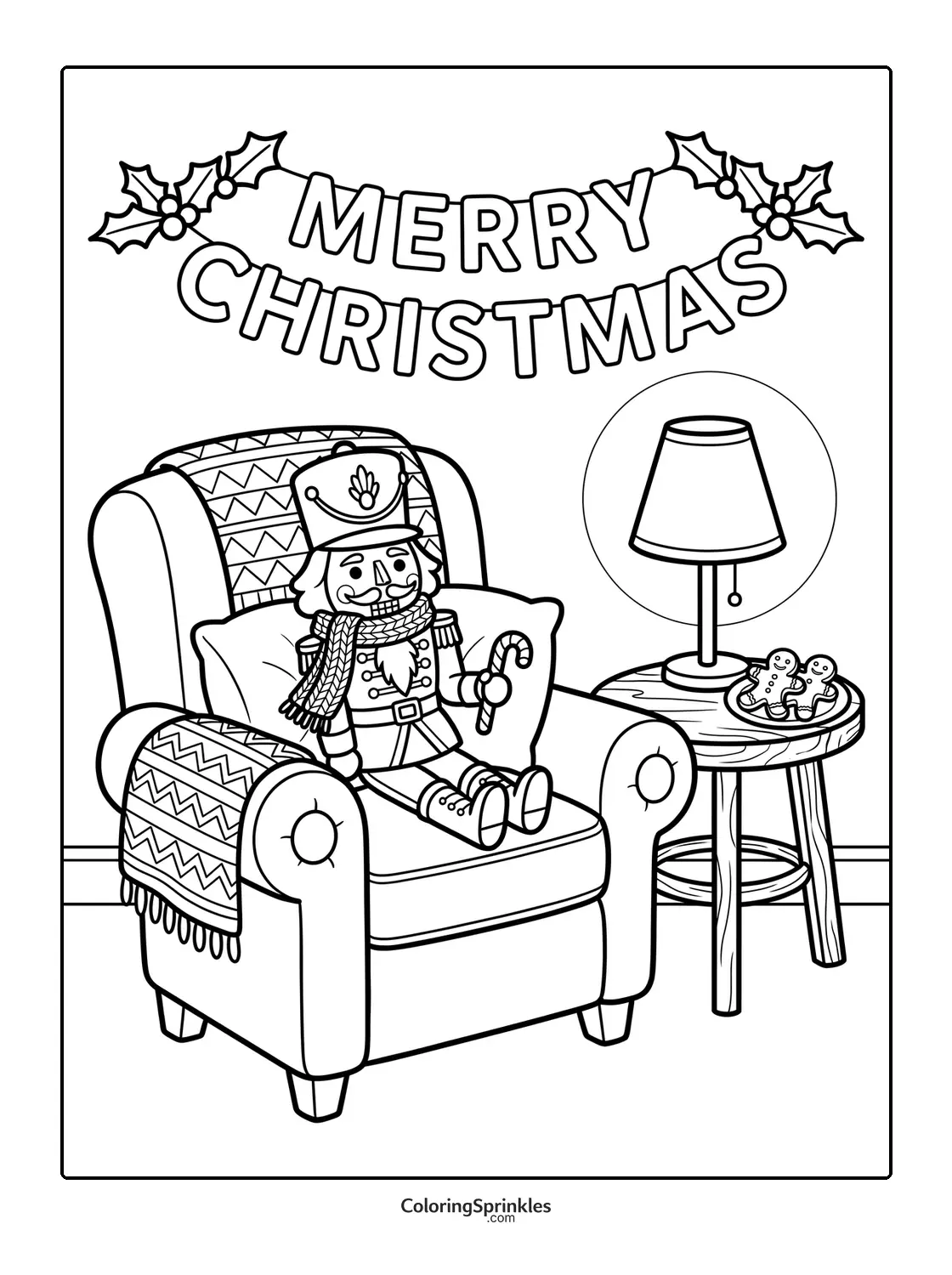 Coloring page of a nutcracker sitting on a chair holding a candy cane with Merry Christmas banner