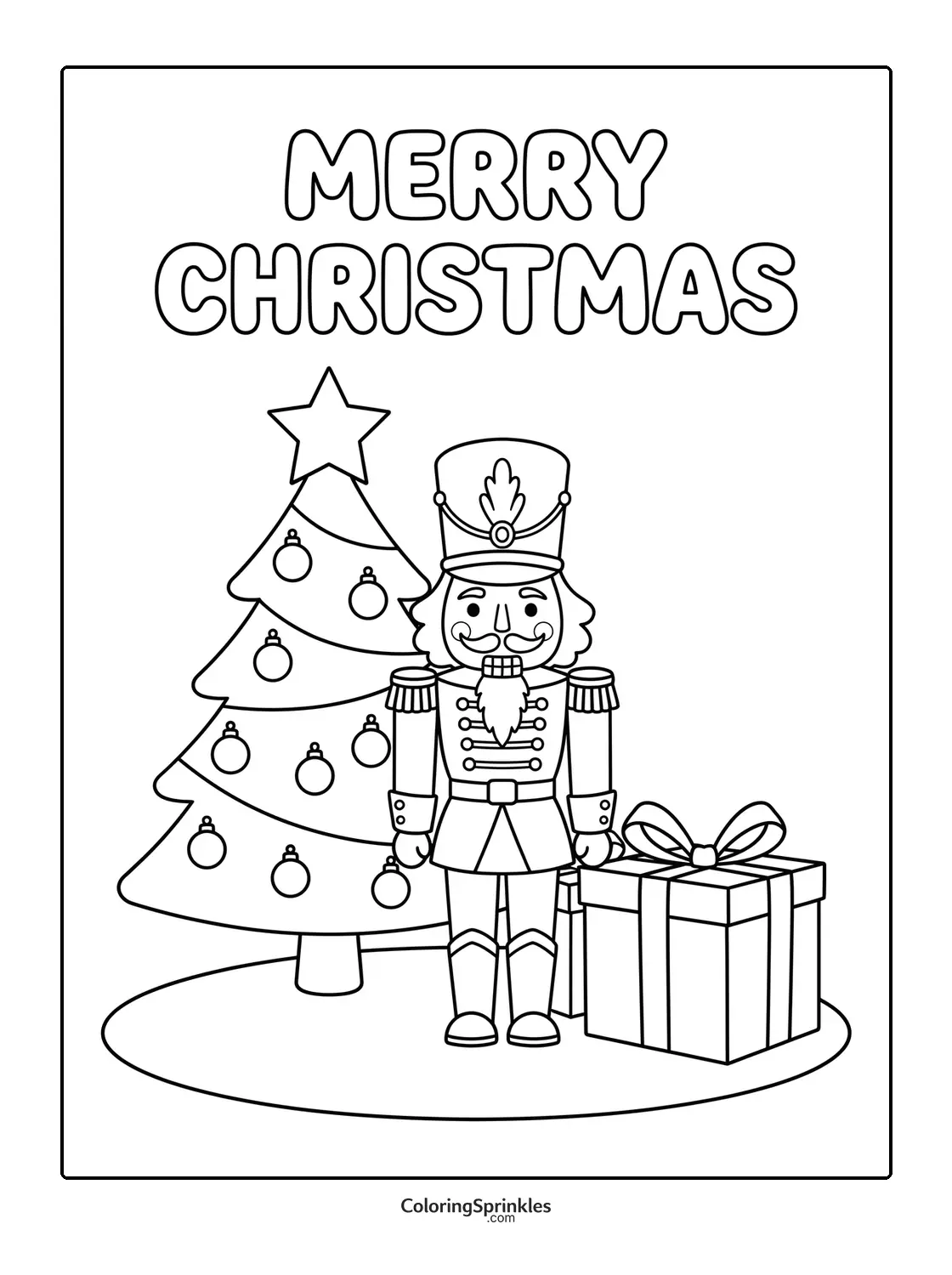 Coloring page of a nutcracker soldier with a Christmas tree and gift